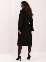 Black double-breasted coat with a wool blend.