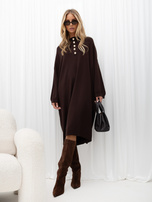 Oversized chocolate knitted dress with decorative buttons.