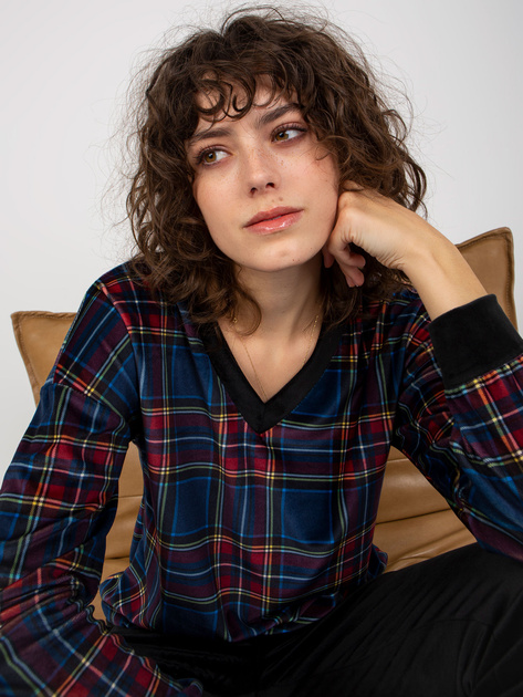 Hurt Ciemnoniebieski komplet welurowy z bluzą w kratę RUE PARIS