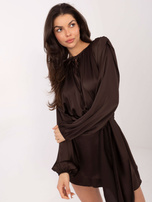 Chocolate short jumpsuit with a tie at the waist.