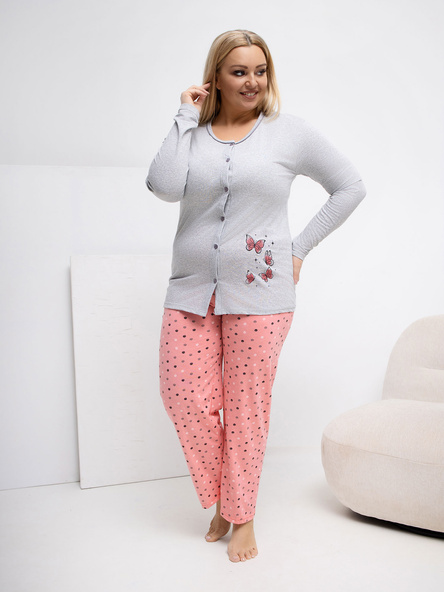 Šedá dámská pyžama plus size s rozepínací blůzou.