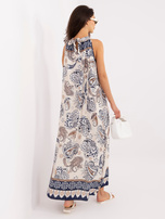 Navy blue summer dress with oriental patterns.