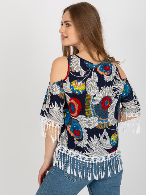 Hurt Granatowa letnia bluzka z nadrukiem i frędzlami