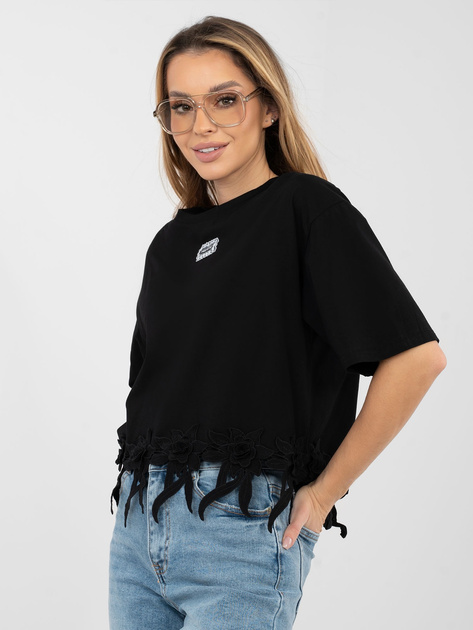 Czarna bluzka oversize z kwiatową aplikacją