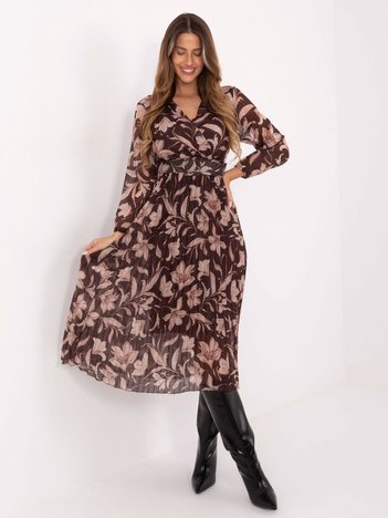 Brązowa plisowana sukienka w kwiaty