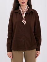 Chocolate women's shirt with a scarf and decorative buckle.