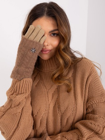 Hurt Ciemnobeżowe gładkie rękawiczki z dzianinowym ociepleniem