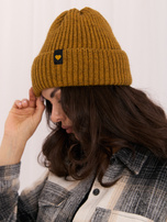 Senf Damen Beanie mit Umschlag.