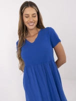 Dark blue dress with short sleeves.