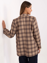 Beige-camel long checkered blazer.