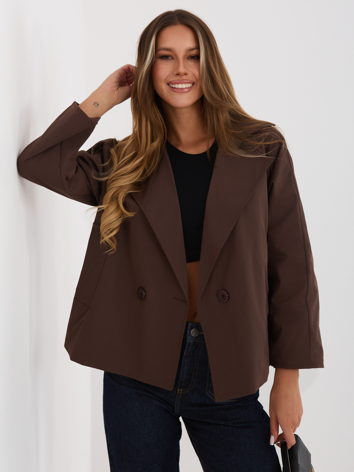 Brązowy damski płaszcz z rękawem 3/4 RUE PARIS 