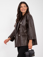 Czekoladowa dwurzędowa marynarka z ekoskóry RUE PARIS 