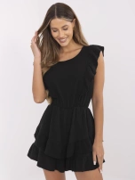Black muslin jumpsuit with ruffles.