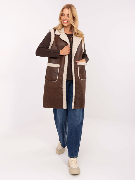 Brązowa długa kamizelka z kieszeniami