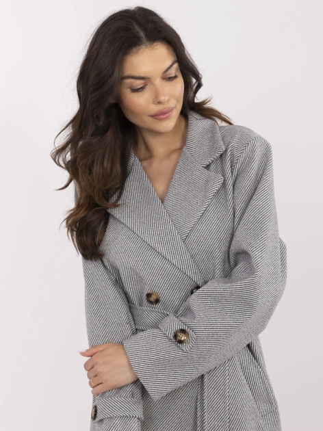 Biało-ciemnoszary dwurzędowy płaszcz z kieszeniami