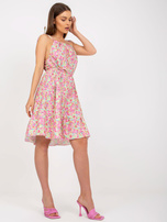 Zielono-różowa letnia sukienka z falbaną na ramiączkach RUE PARIS