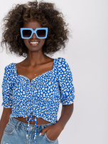 Niebieska krótka bluzka z wiskozy z nadrukiem RUE PARIS