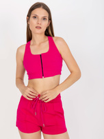 Fuksjowy prążkowany crop top basic z zapięciem RUE PARIS