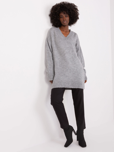 Hurt Szary damski sweter klasyczny z dekoltem V
