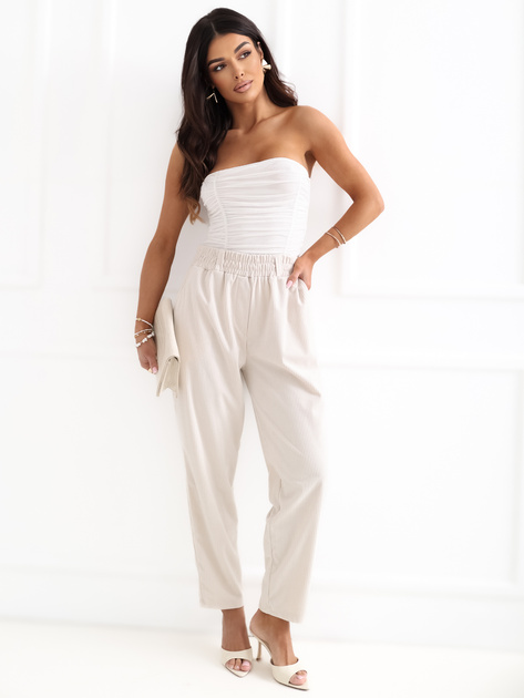 Jasnobeżowe sztruksowe spodnie z kieszeniami RUE PARIS