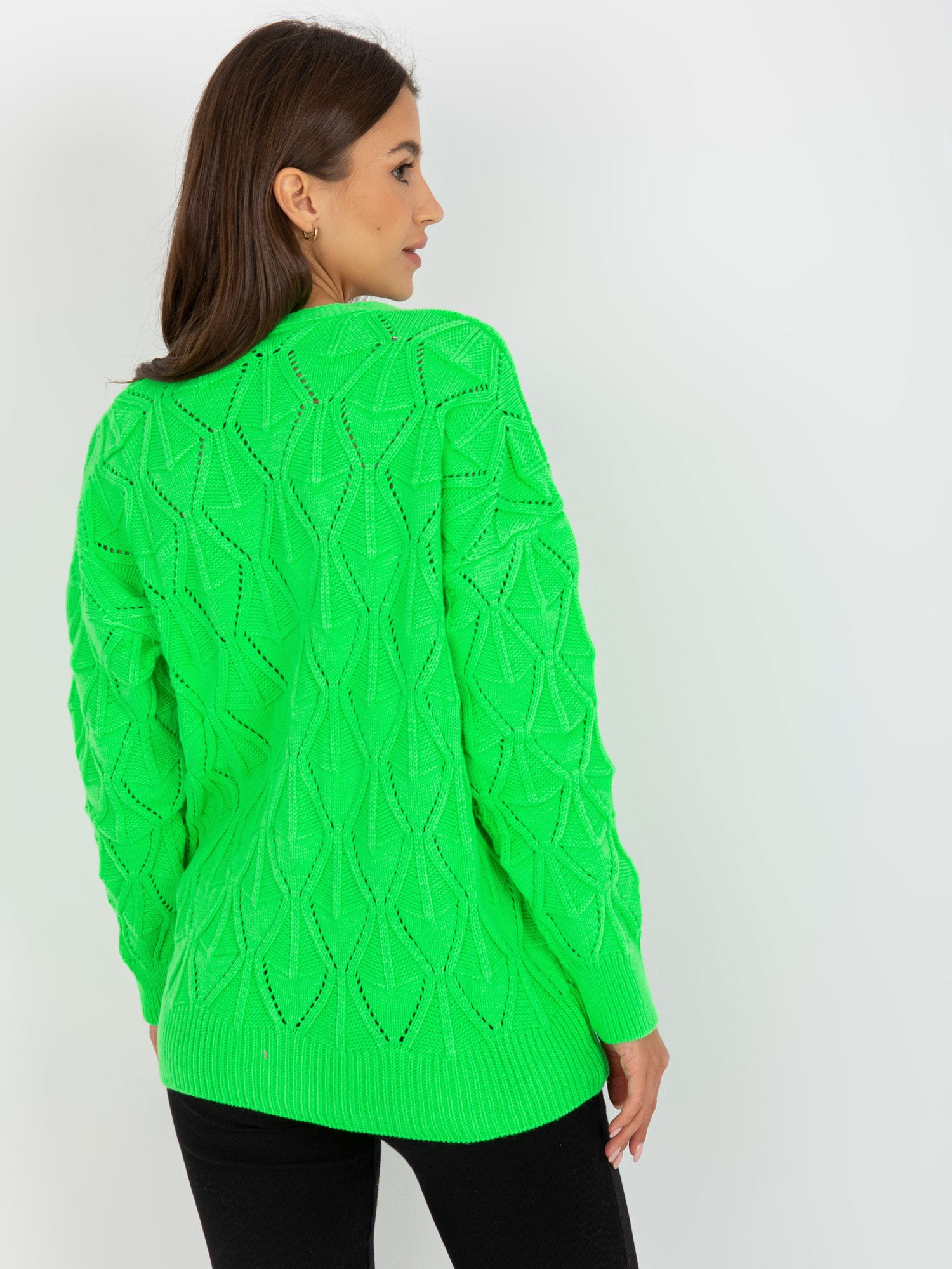 Fluo zielony sweter rozpinany w ażurowy wzór RUE PARIS