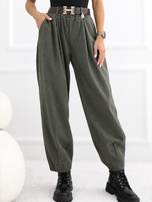 RUE PARIS Khaki corduroy carrot pants with a belt.