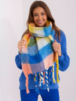 Hurt Żółto-niebieski damski szal z kolorowymi frędzlami