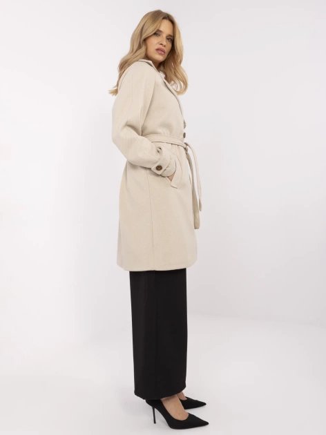 Beżowy damski płaszcz z wiązanym paskiem OCH BELLA