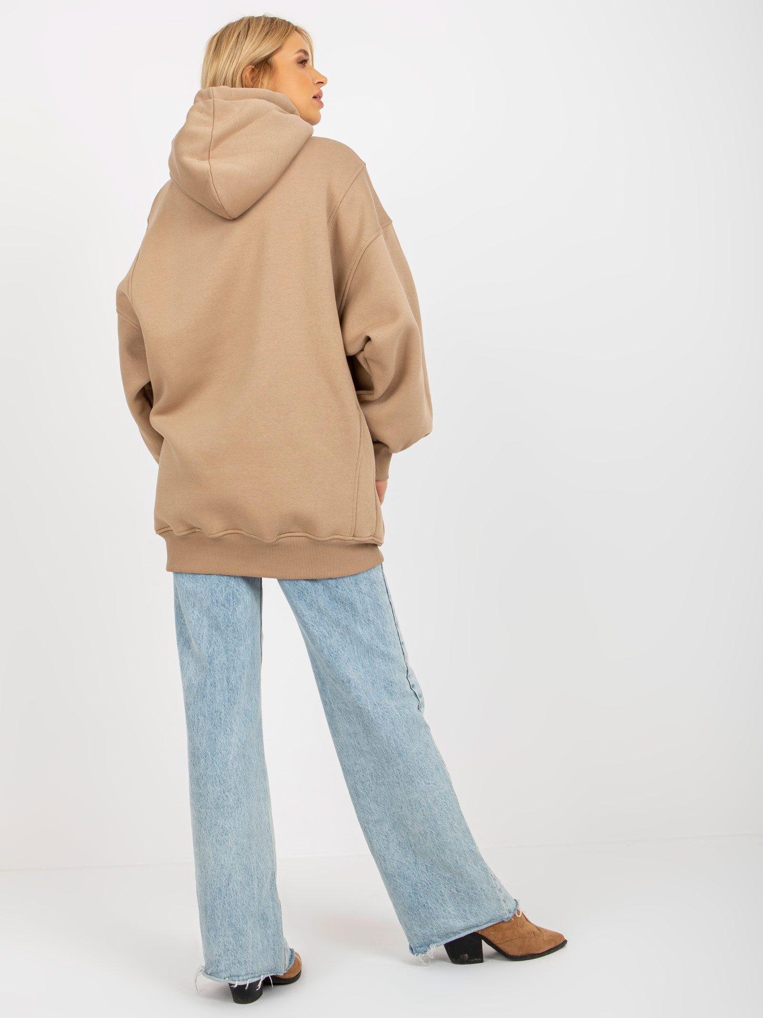 Ciemnobeżowa długa bluza basic oversize z kapturem