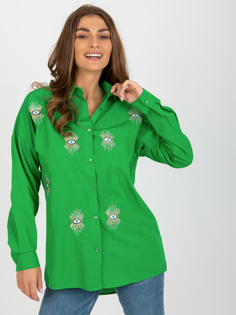Hurtownia Zielona rozpinana koszula oversize z haftem