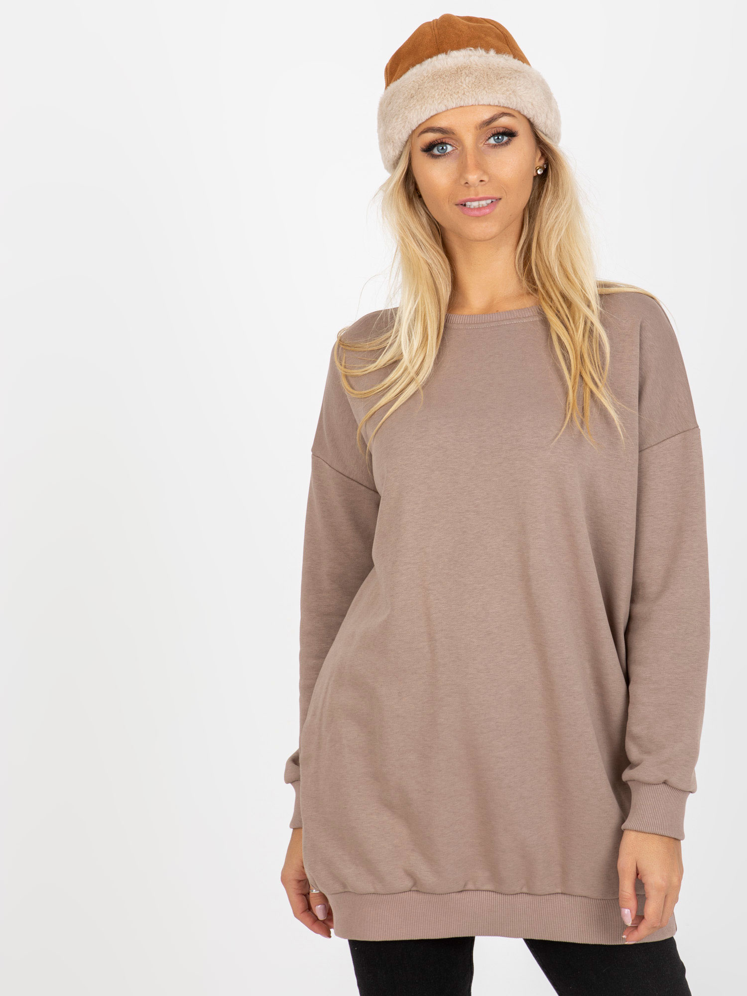 Ciemnobeżowa długa bluza basic z kieszeniami