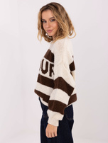 Ecru-brązowy damski sweter oversize w paski