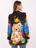 Hurt Czarna damska marynarka z kolorowym nadrukiem