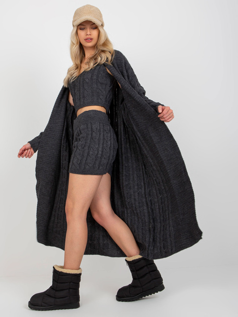 Hurt Ciemnoszary trzyczęściowy komplet dzianinowy z kardiganem