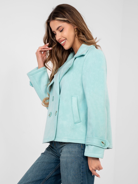 Pastelowy miętowy dwurzędowy płaszcz z paskami na rękawach