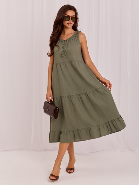 Khaki midi sukienka z frędzlami