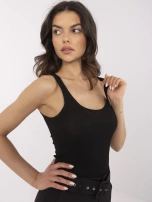 Black women's top with metallic thread.