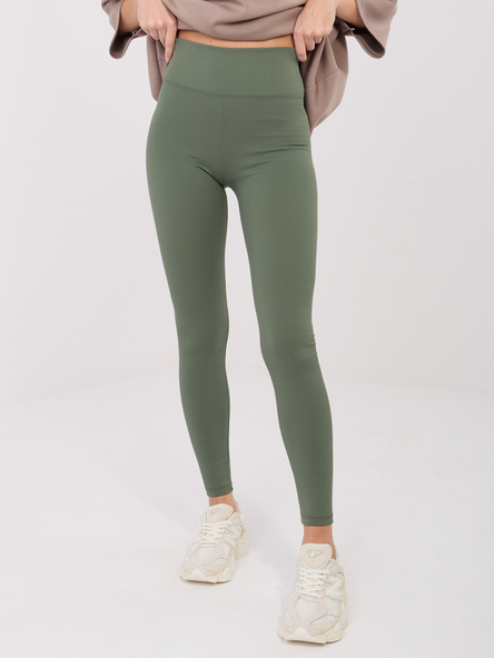 Khaki prążkowane legginsy z napisem z tyłu