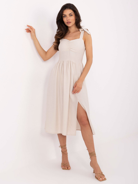 Beżowa sukienka z wiązaniami na ramiączkach