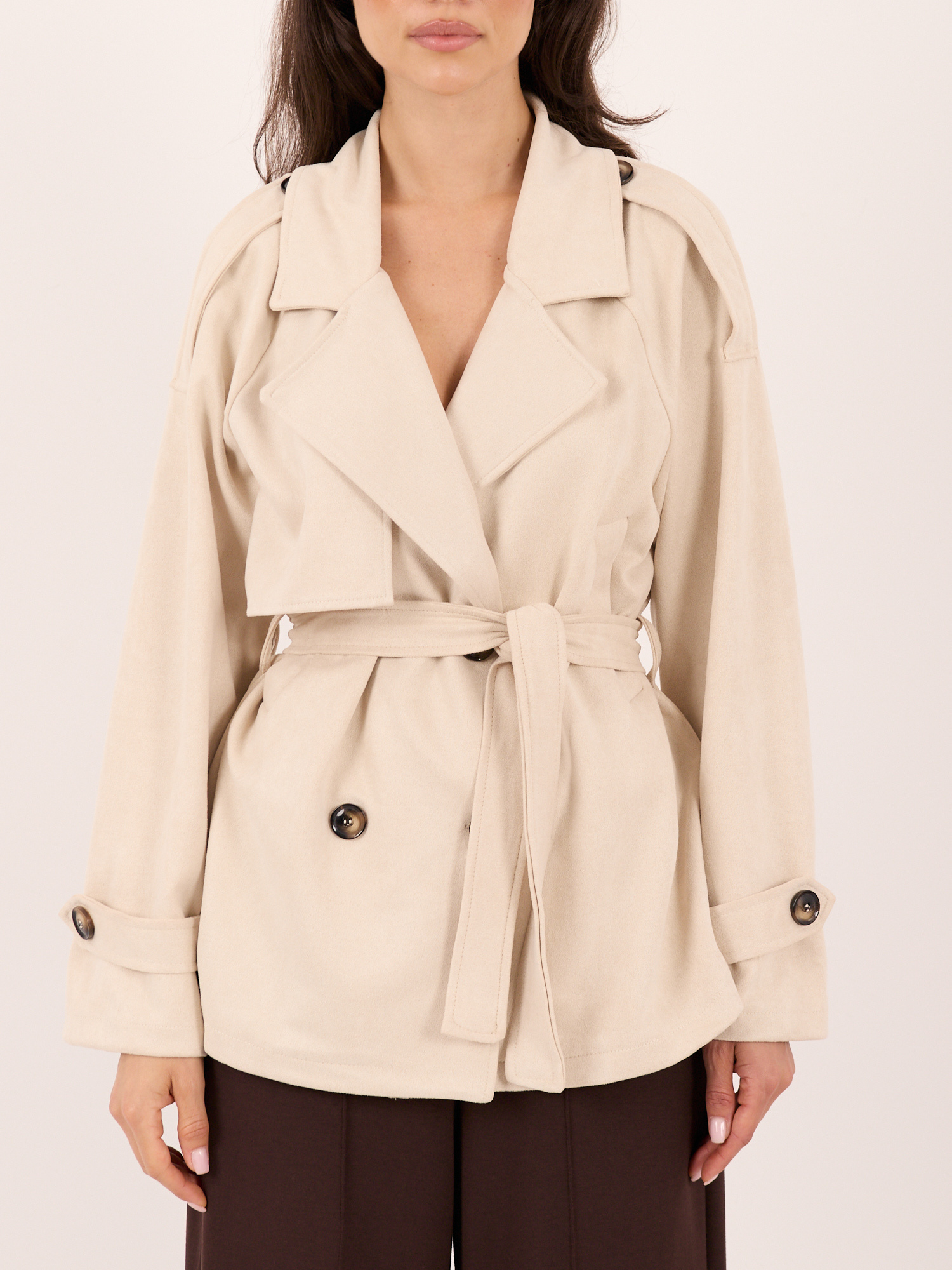 Light beige suede-effect coat with a belt.