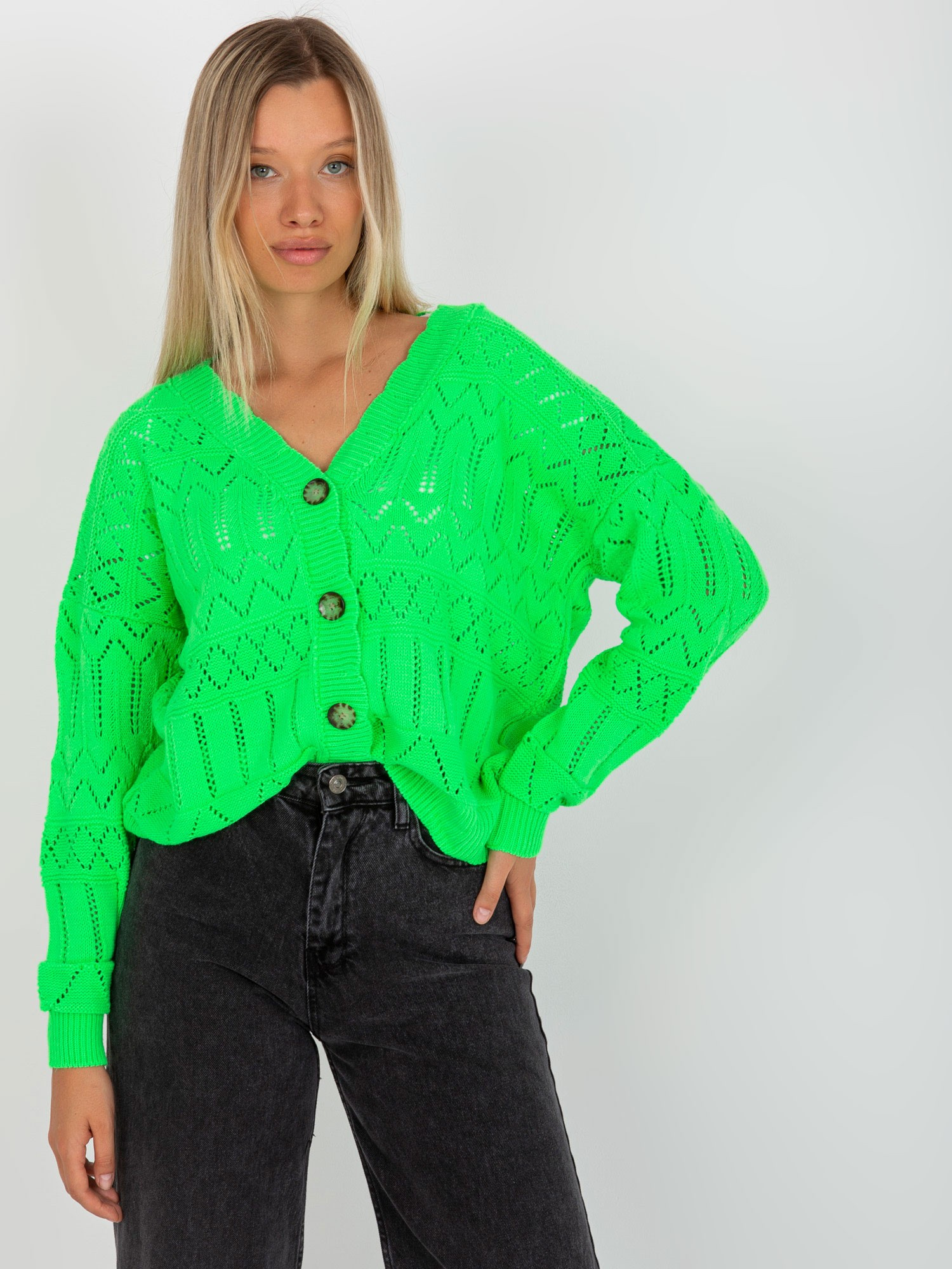 Fluo zielony ażurowy sweter letni z guzikami RUE PARIS