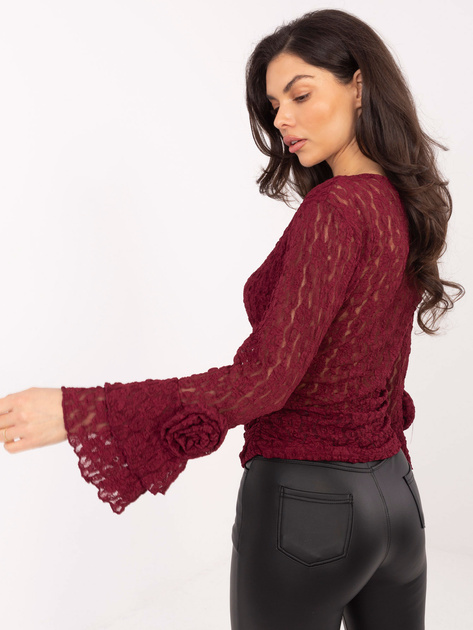 Burgundowa koronkowa bluzka z rękawem typu dzwon