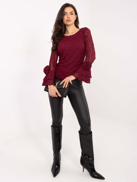 Burgundowa koronkowa bluzka z rękawem typu dzwon