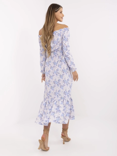 Beżowo-niebieska sukienka hiszpanka z falbaną RUE PARIS