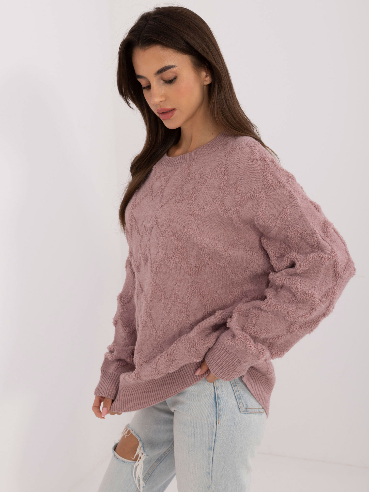 Hurt Jasnofioletowy damski sweter oversize z okrągłym dekoltem