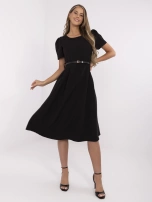 Black elegant dress with a thin belt.