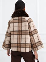 Dark beige checkered poncho coat.