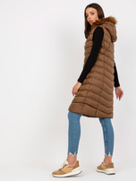 Hurt Brązowa długa kamizelka puchowa z kapturem RUE PARIS