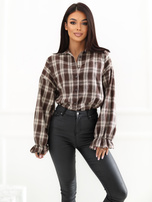 Brown checkered outer shirt.