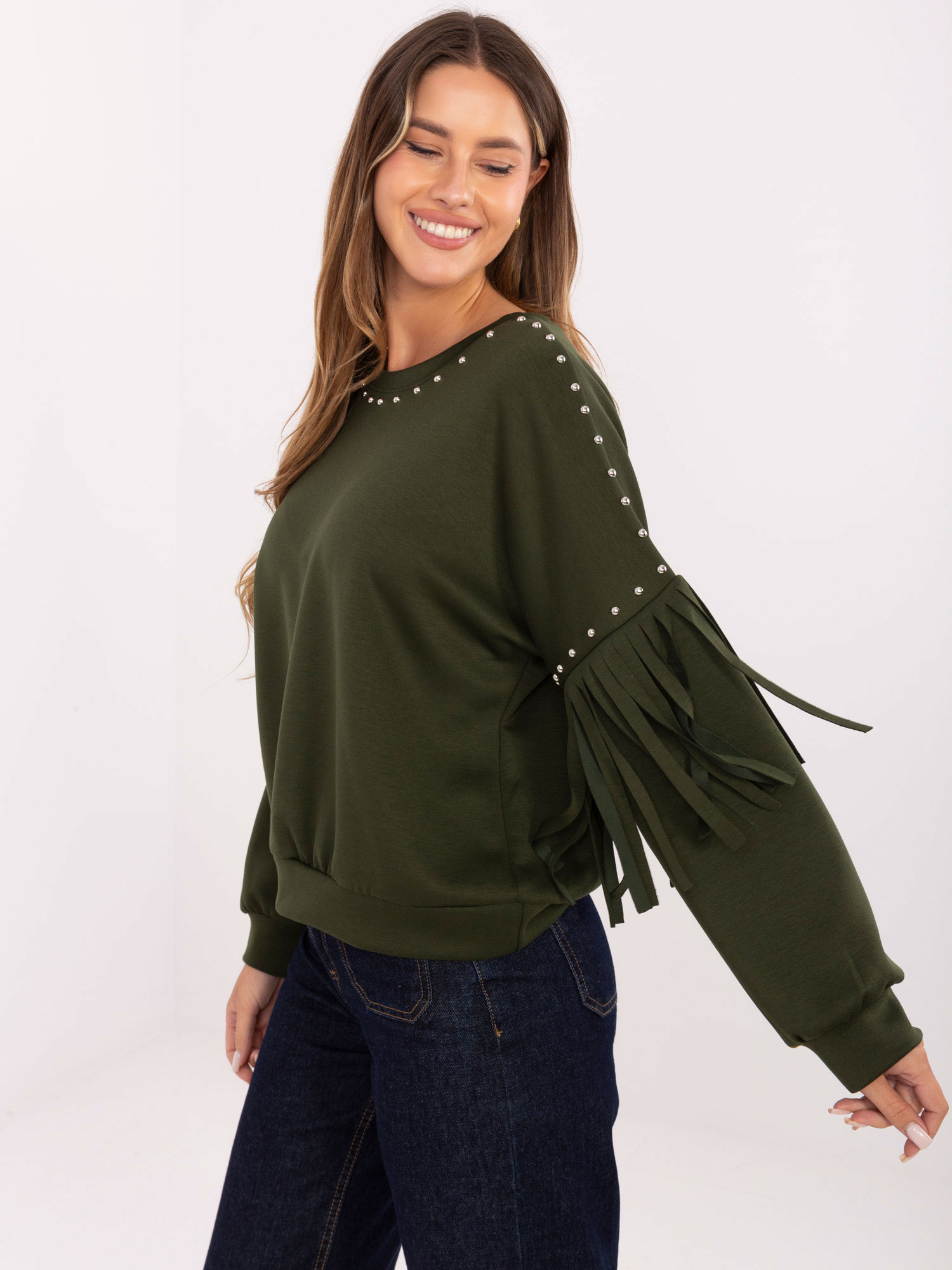Khaki damska bluza z frędzlami RUE PARIS 